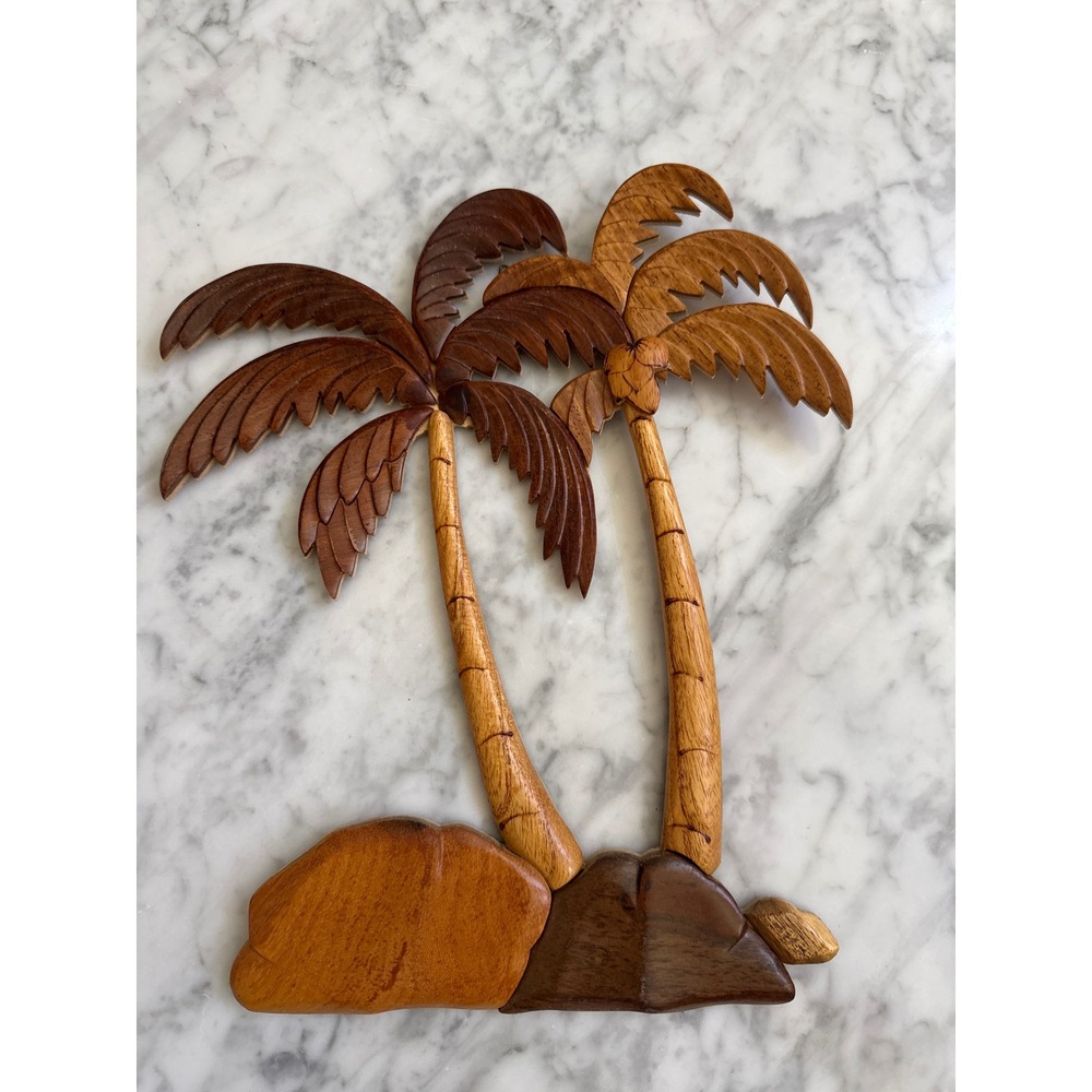 VTG Aloha Wood Art Le Family Palm Trees Intarsia Wood Wall Decor Hawaii 11x8.5